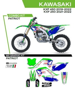 UFO KOMPLET NAKLEJEK (OKLEIN) KAWASAKI KXF 250 '21-'22; KXF 450 '19-'22 PATRIOT KOLOR OEM (ZIELONY/NIEBIESKI) - WYPRZEDAŻ