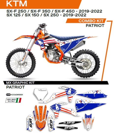 UFO KOMPLET NAKLEJEK (OKLEIN) KTM SX/SXF 125/150/250/350/450 '19-'22 PATRIOT KOLOR OEM (BIAŁY/NIEBIESKI) - WYPRZEDAŻ