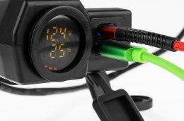 BIKETEC MOTOCYKLOWE PODWÓJNE GNIAZDO USB QUICK CHARGE 3.0 Z WOLTOMIERZEM I WSKAŹNIKIEM TEMPERATURY ZEWNĘTRZNEJ MONTAŻ NA KIEROWN