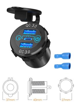 BIKETEC MOTOCYKLOWE POTRÓJNE GNIAZDO USB QC 3.0 X 2 I PD X 1 - 54 W POWER DELIVERY MONTAŻ NA POWIERZCHNIE PŁASKĄ (OWIEWKA, KUFER