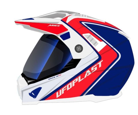 UFO KASK ARIES OFFROAD / DUAL / TOURER / CROSSOVER Z SZYBĄ, DASZKIEM I BLENDĄ PRZECIWSŁONECZNĄ KOLOR BIAŁY/CZERWONY/NIEBIESKI RO